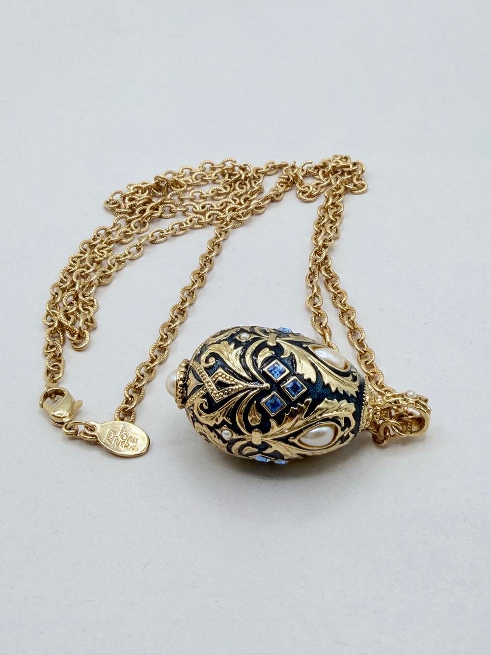 Joan Rivers Black Enamel Blue Crystal Egg Pendant Necklace Gold Tone Signed